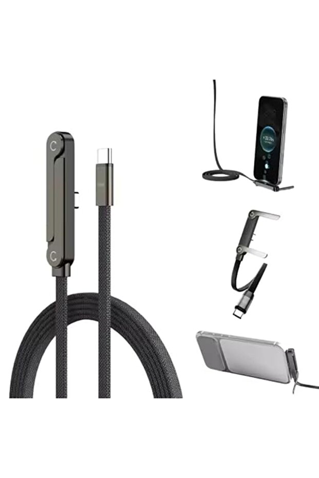 كابل USB-C إلى USB-C مضفر بقوة 240 واط مع دوران 360 درجة، 2 في 1 ° حامل هاتف دوار، 90 درجة ° شاحن سريع للهواتف المحمولة بتصميم منحني
