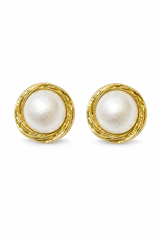 Yellow Color Textured Ring Frame Pearl-Looking Bijouterie Earrings