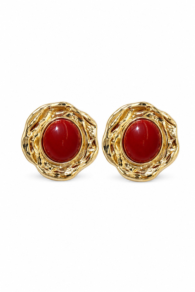 Yellow Tone Wavy Framed Red Stone Women's Bijouterie Earrings