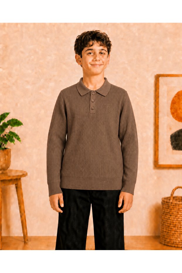 Boys' Polo Collar Buttoned Ribbed Long Sleeve Knitwear Sweater Seasonal Stylish Casual Top 7-15 Years