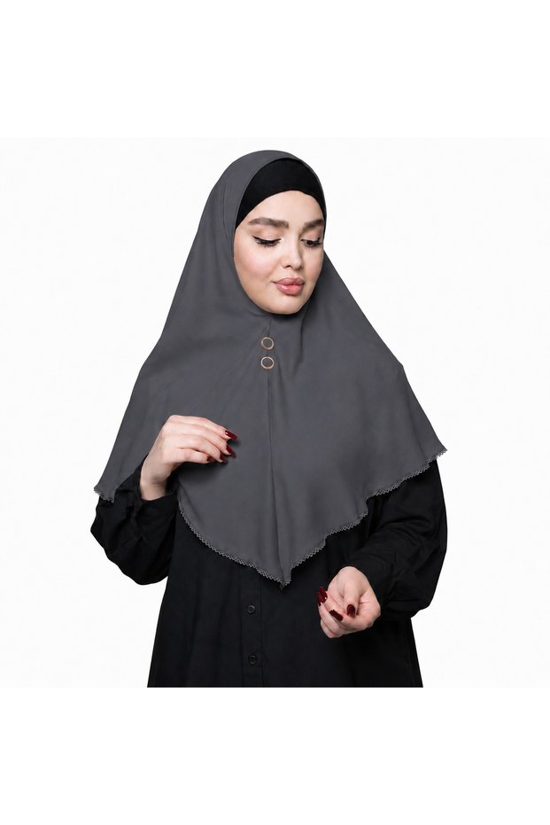 Ladies Plain Silk Hijab – Elegant Solid Color Modest Headscarf with Decorative Button Detail & Lace Trim