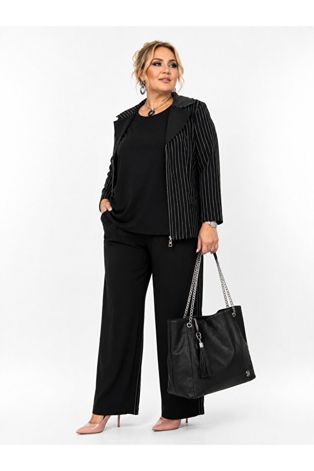 Plus Size Oversized Striped Zippered Jacket Blouse and Wide Leg Pants Women's Three-Piece Set