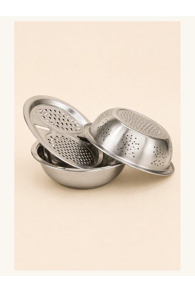 3-Piece Steel Grater Set with Bowl, 27 cm Bowl with Strainer, Multi-Purpose Vegetable Chopper, Kitchen Grater