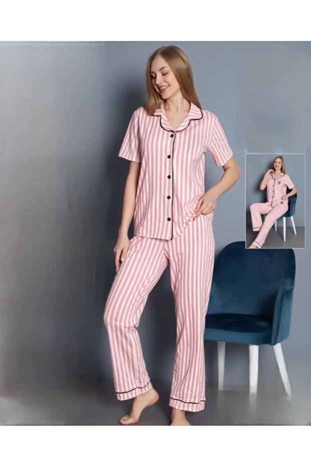 Pink and White Striped Suprem Fabric Short Sleeved Women's Pajama Set