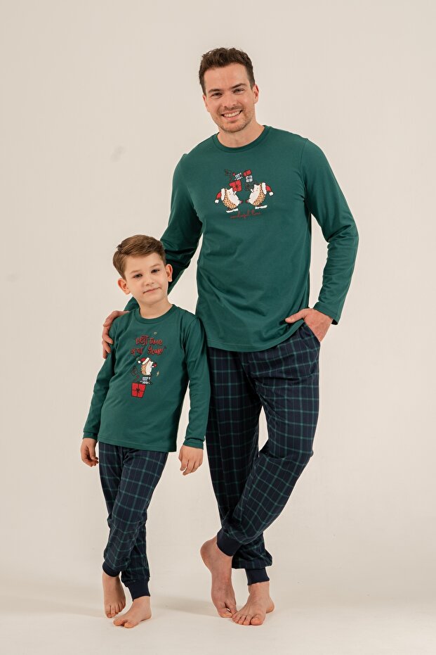 Father & Son Green Pajama Set Combination, 100% Cotton, Father and Child Pajamas Sold Separately (Socks Included)