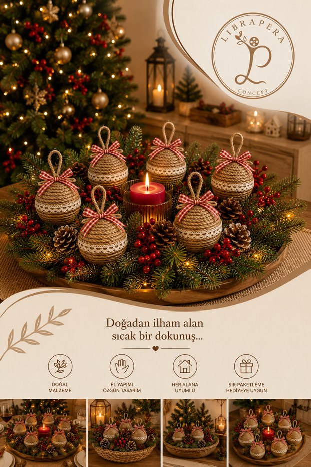 Set of 6 Christmas Decorative Jute Balls – Pine Tree and Table Decoration