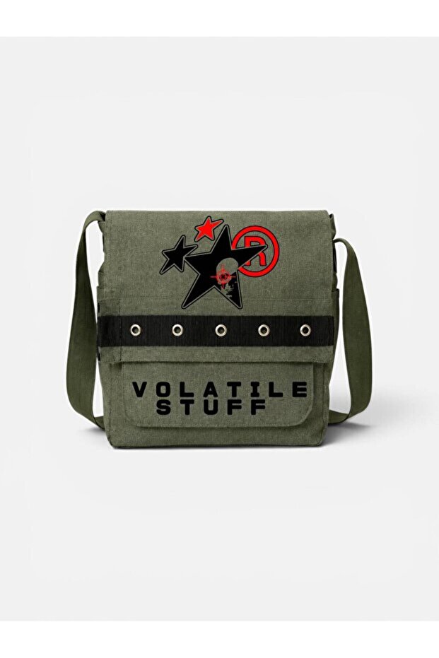 Khaki Volatile Stuff Printed Round Eyelet Messenger Bag