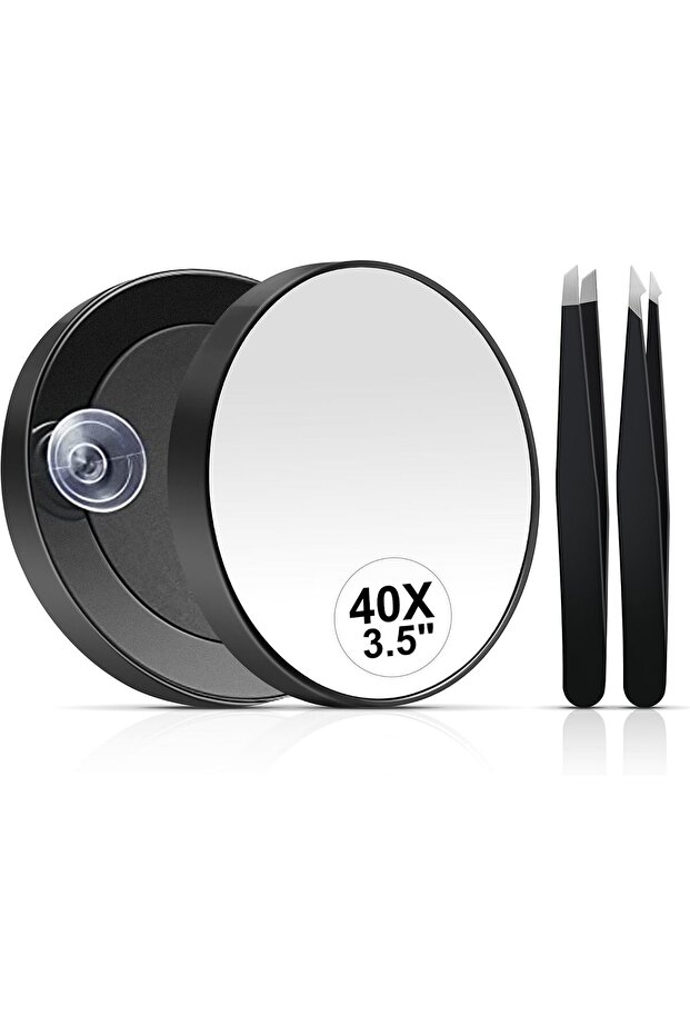 40X Magnifying Mirror, 3.5 Inch Round Compact Mirror with Suction Cup, Stainless Steel Tweezers, Perfect for Makeup, Eyebrows, Beards, Travel
