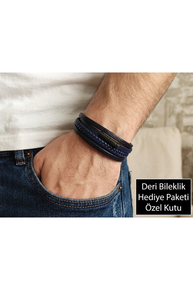 Argentum Navy Layer Men's Leather Bracelet – Multi-Layer Weave and Magnetic Design