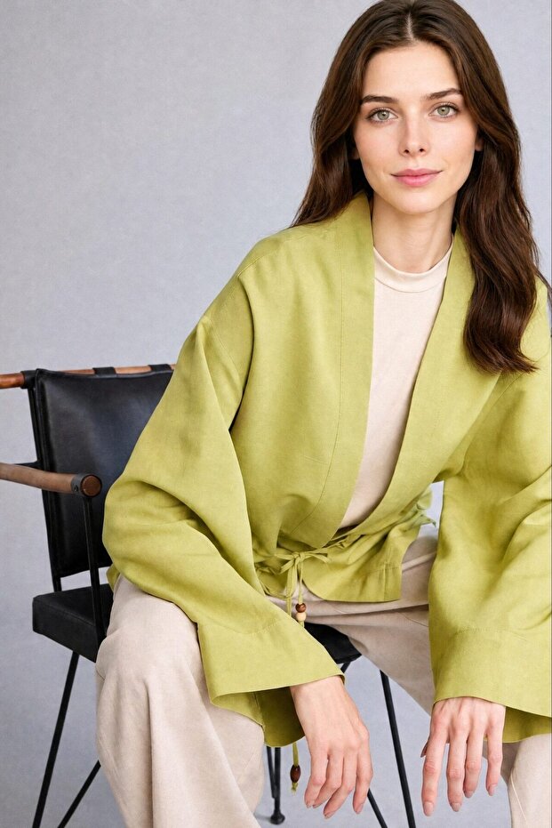 Linen Blend Relax Fit V-Neck Long Sleeve Green Kimono F6151Ax26Sm