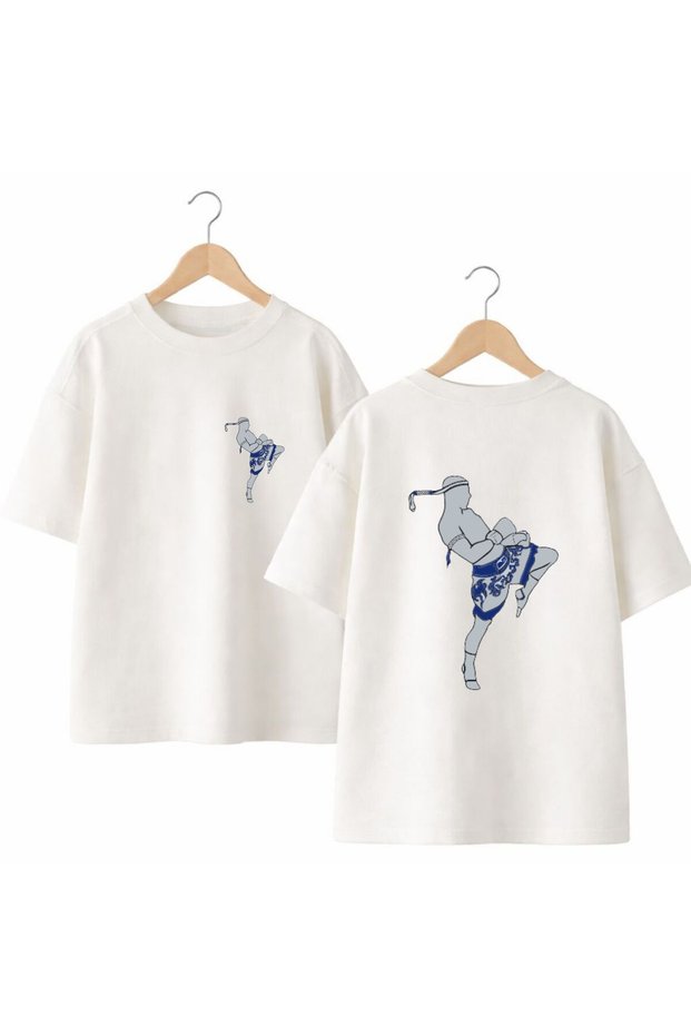Kick Boxing Back and Front Chest Printed 100% Cotton Oversize Loose Regular Fit Crew Neck T-Shirt