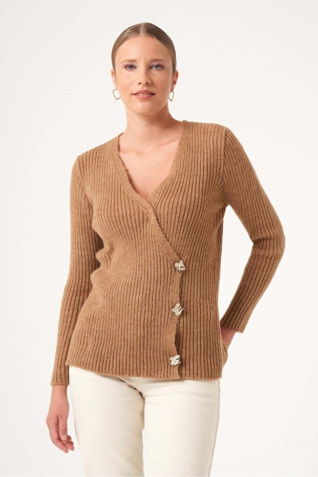 Women's Double-Breasted Şardon Sweater Camel 25258