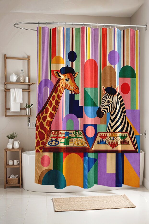 Bathroom Curtain, Shower Curtain with Giraffe and Zebra Playing Chess Pattern, Bathtub Curtain 175X200Cm