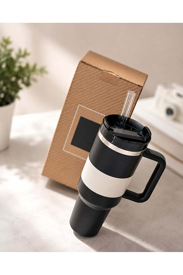 Large Insulated Tumbler with Handle and Straw, Double-Wall Thermal Travel Mug, Black Bottle