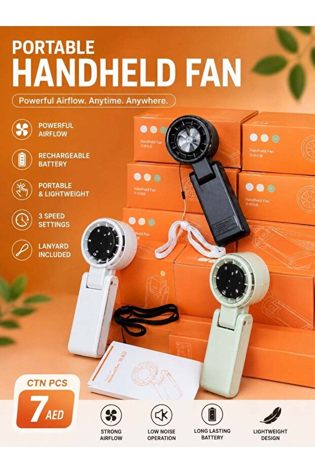 Rechargeable Portable Handheld Fan, 3-Speed Mini Personal Fan with Powerful Airflow and Lanyard