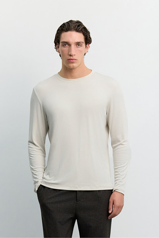 Men's Beige Crew Neck Long Sleeve Basic Modal T-Shirt A62Y1032