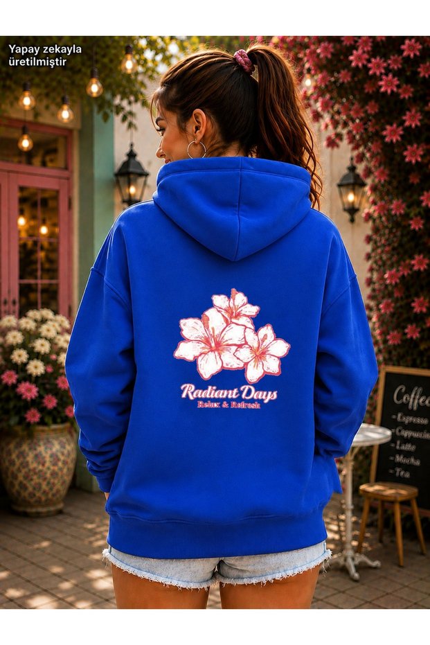 Women's Tropical Floral Printed Radiant Days Written Hooded Kangaroo Pocket Cotton Sweatshirt