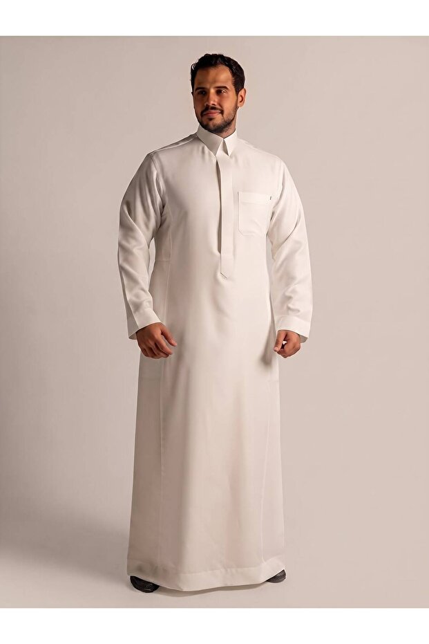 ثوب مخلوط ربع وقفة - ياقة قلاب كم سادة كريمي - مقاس طول (60)