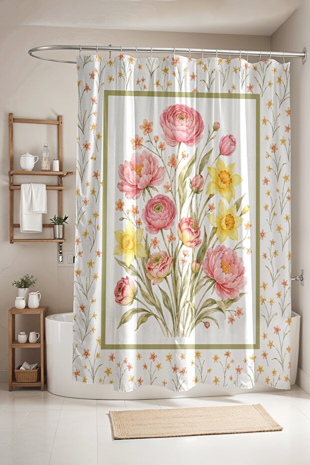 Bathroom Curtain, Pink Roses Pattern Shower Curtain, Bathtub Curtain 175X200Cm