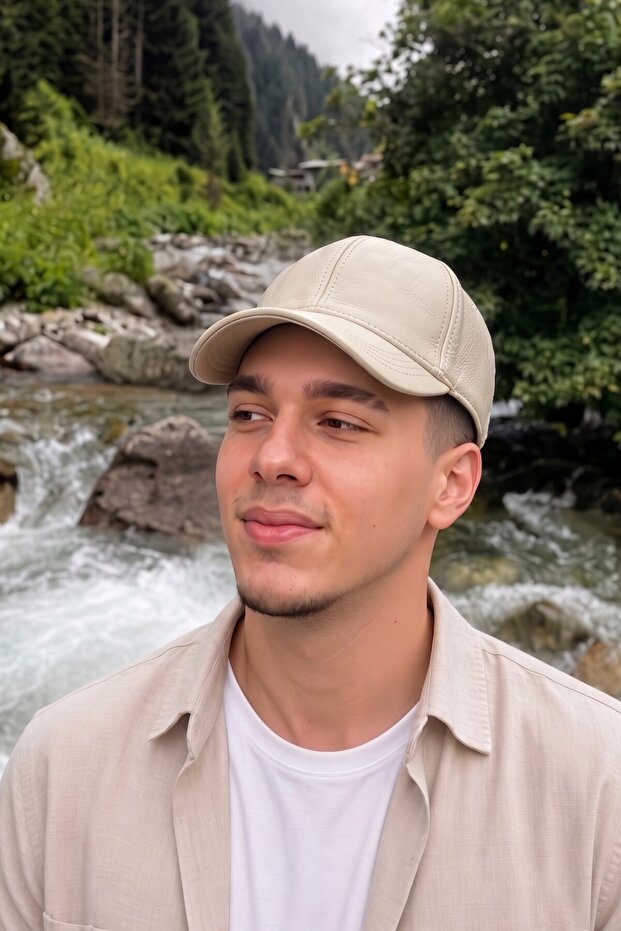 Genuine Leather Cream Premium Baseball Cap | Textured Adjustable Casual Cap Model