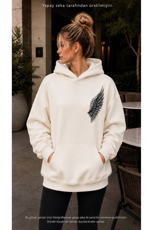 Women's Angel Wing Printed Hooded Kangaroo Pocket Cotton Casual Sweatshirt