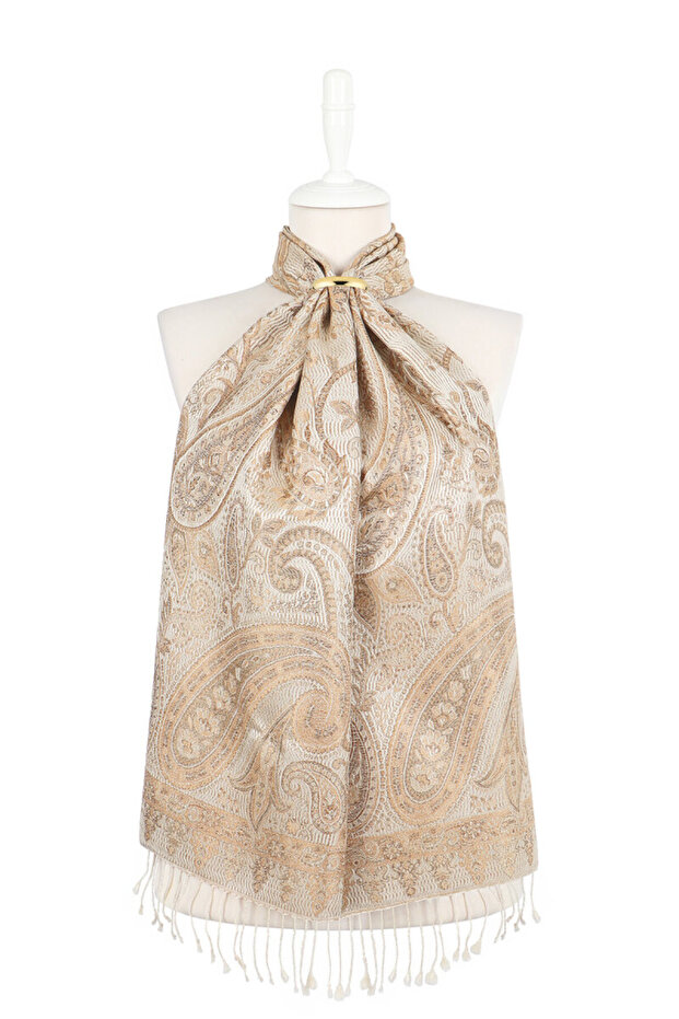 Cream Beige Jamawar Woven Silk Scarf