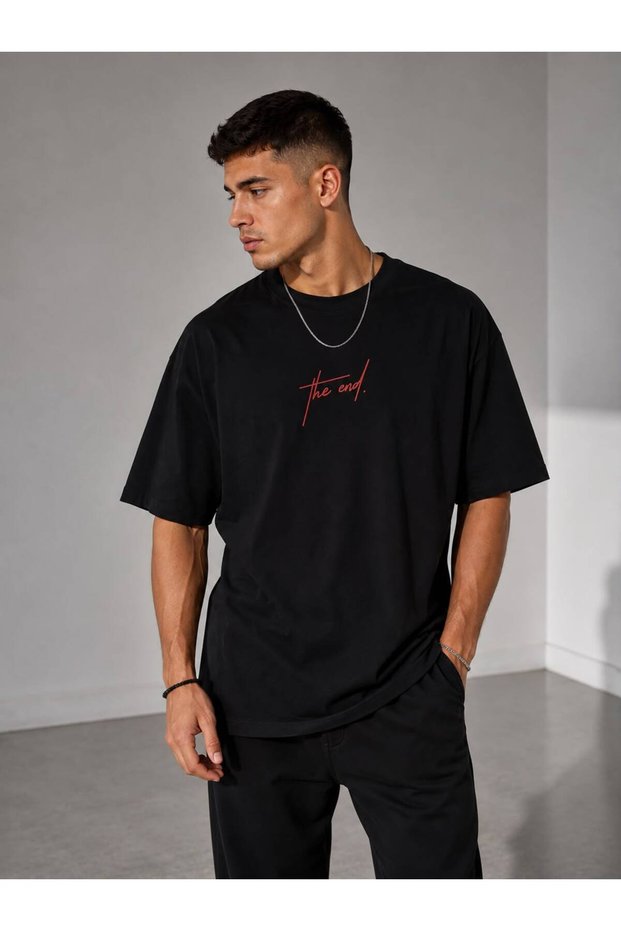 Black Crew Neck Oversize Fit Cotton the End Printed Relaxed Fit Unisex T-Shirt