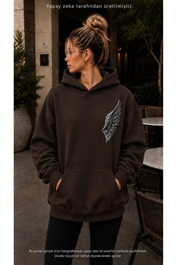 Women's Angel Wing Printed Hooded Kangaroo Pocket Cotton Casual Sweatshirt