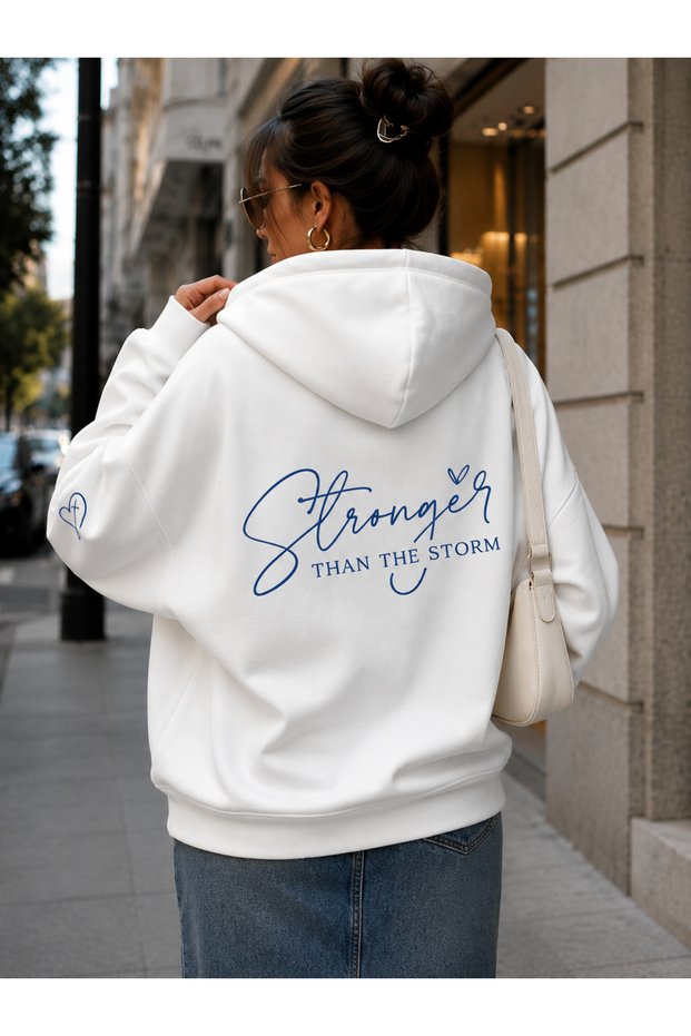 Unisex Oversize Hoodie with Heart Detail on the Back, Blue Printed Hooded Sweatshirt