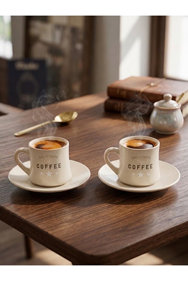 Delicious Cafe 2-Person Retro Ceramic Turkish Coffee & Espresso Cup Set – Cream 90 ml