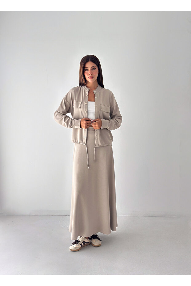 Women's Modal Fabric High Collar Double Pocket Gathered Skirt Two-Piece Set