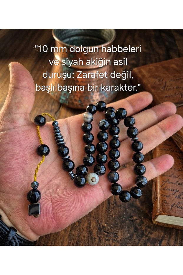 Güleç Natural Stone Natural Black Agate Stone Prayer Beads 10 mm 33 Pieces Men's Women's Gift Veined Agate Prayer Beads