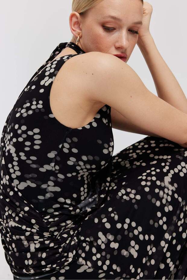 Women's Polka Dot Maxi Dress with Scarf Detail