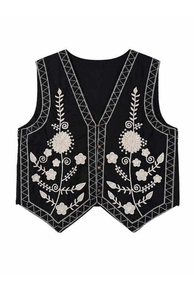 Elara Embroidered Tie-Up Vest Women's Black - Beige