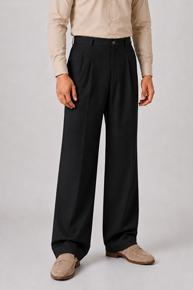 Battal Size Men's Black Fabric Trousers Wide Leg Oversize Comfortable Fit