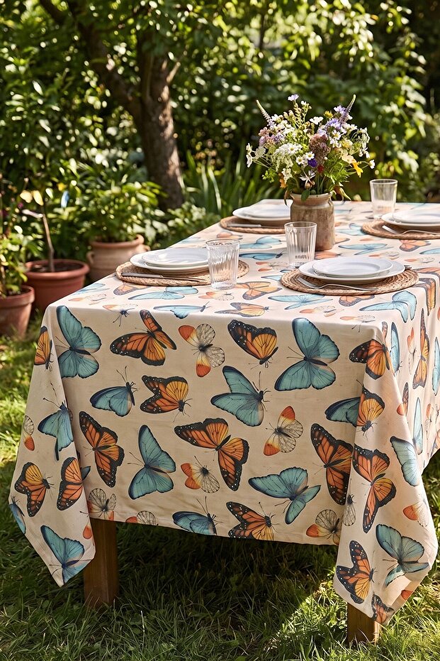 Butterfly Patterned Soft Textured Raw Linen Tablecloth - 160X220 cm