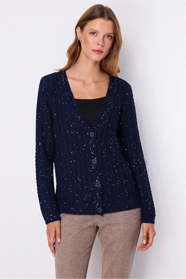 Knitted Patterned Sequined Knitwear Cardigan 10910