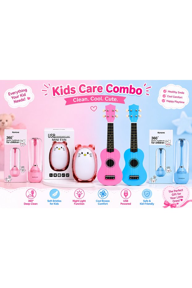 21 Inch Pink and Blue Ukulele Kids Care Combo Set with 2 Electric Toothbrushes, USB Mini Fan Night Light & 2 Ukuleles, Children’s Gift Set for Daily Care, Cooling & Music Play