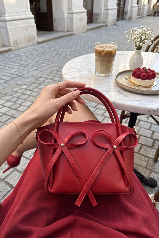 Red D72 Stylish Bow Detailed Zippered Large Internal Volume Daily Use Hand and Shoulder Bag