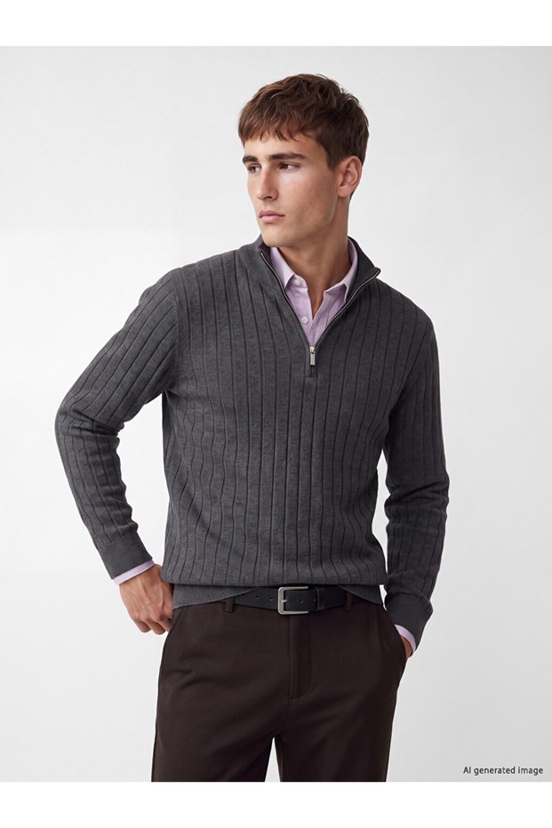 Ozmarka New Season Gray Zippered Stand Collar Men's Knitwear Sweater
