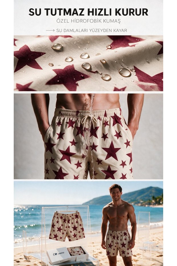 Star Pattern Mesh Pocket Swimsuit Regular Fit Men's Swim Shorts Beige-Cream-Burgundy Elastic Waist Pool Shorts