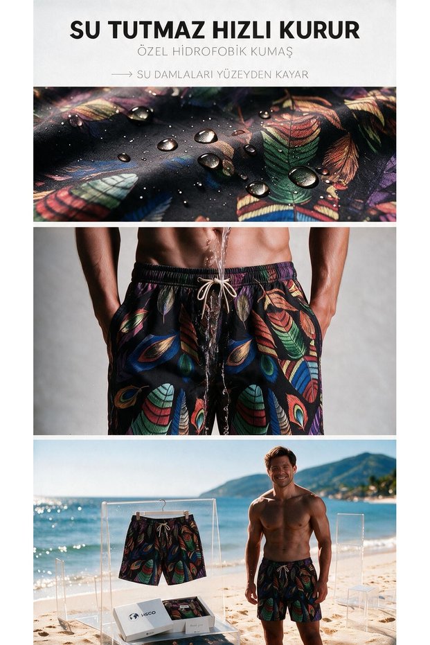Feather Pattern Mesh Pocket Swimsuit Regular Fit Men's Swim Shorts Black-Red-Green-Yellow-Blue Elastic Pool Shorts