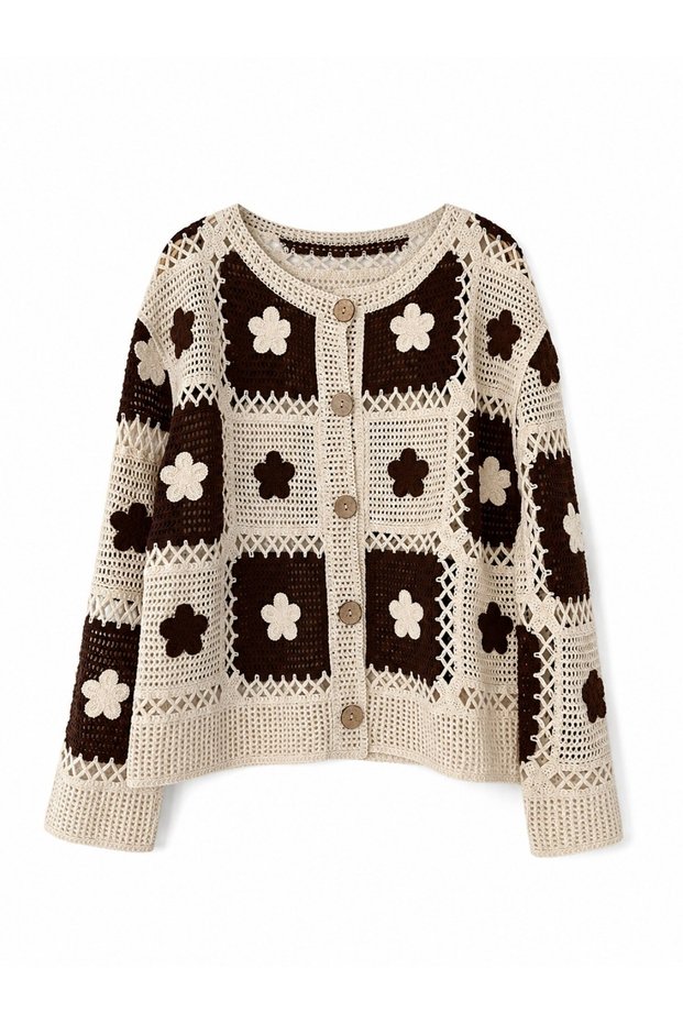 Lottie Floral Motif Buttoned Crochet Cardigan Women's Cream - Brown