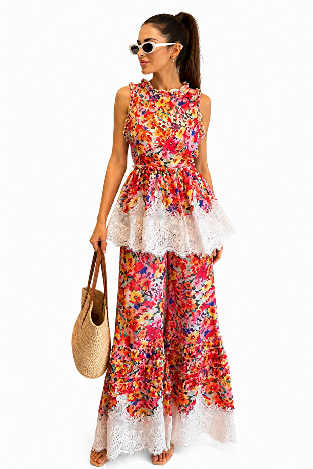 Imported Floral Patterned Lace Detailed Women's Blouse and Trousers Set