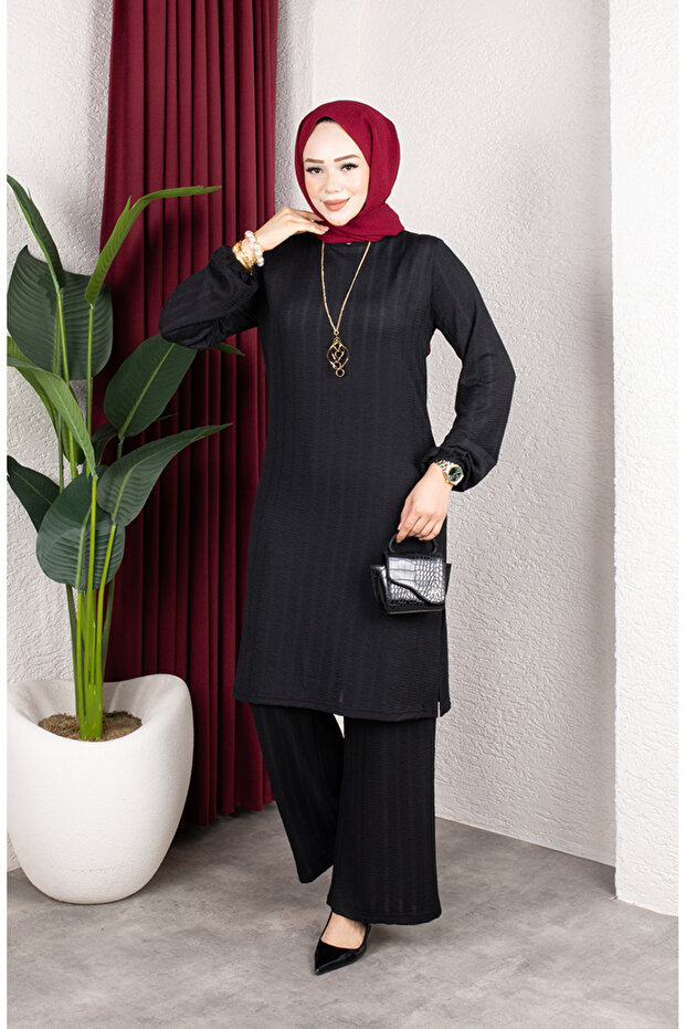 Bürümcük Fabric Striped Tunic Pants Hijab Two-Piece Set 0915-04 Black