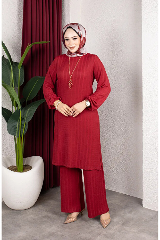 Bürümcük Fabric Striped Tunic Pants Hijab Two-Piece Set 0915-05 Claret Red