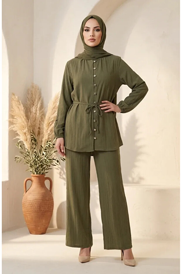Button Detailed Hijab Double Set 2301-04 Khaki