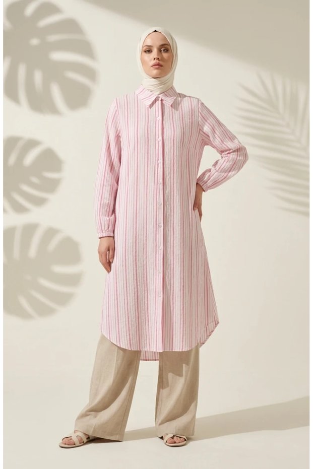 Shirt Collar Buttoned Striped Long Tunic 0360-01 Pink