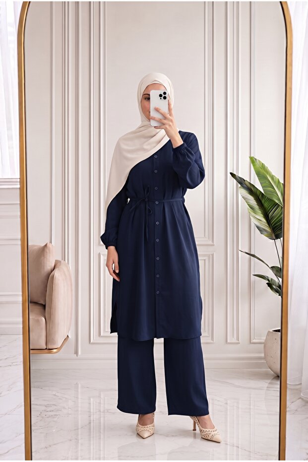 Fergül Hakim Collared Tunic Long Pants Set-Ey963 Navy Blue