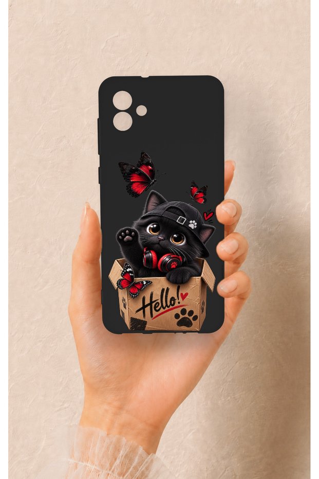 Samsung A04 Compatible Hello Cat Patterned Silicone Case